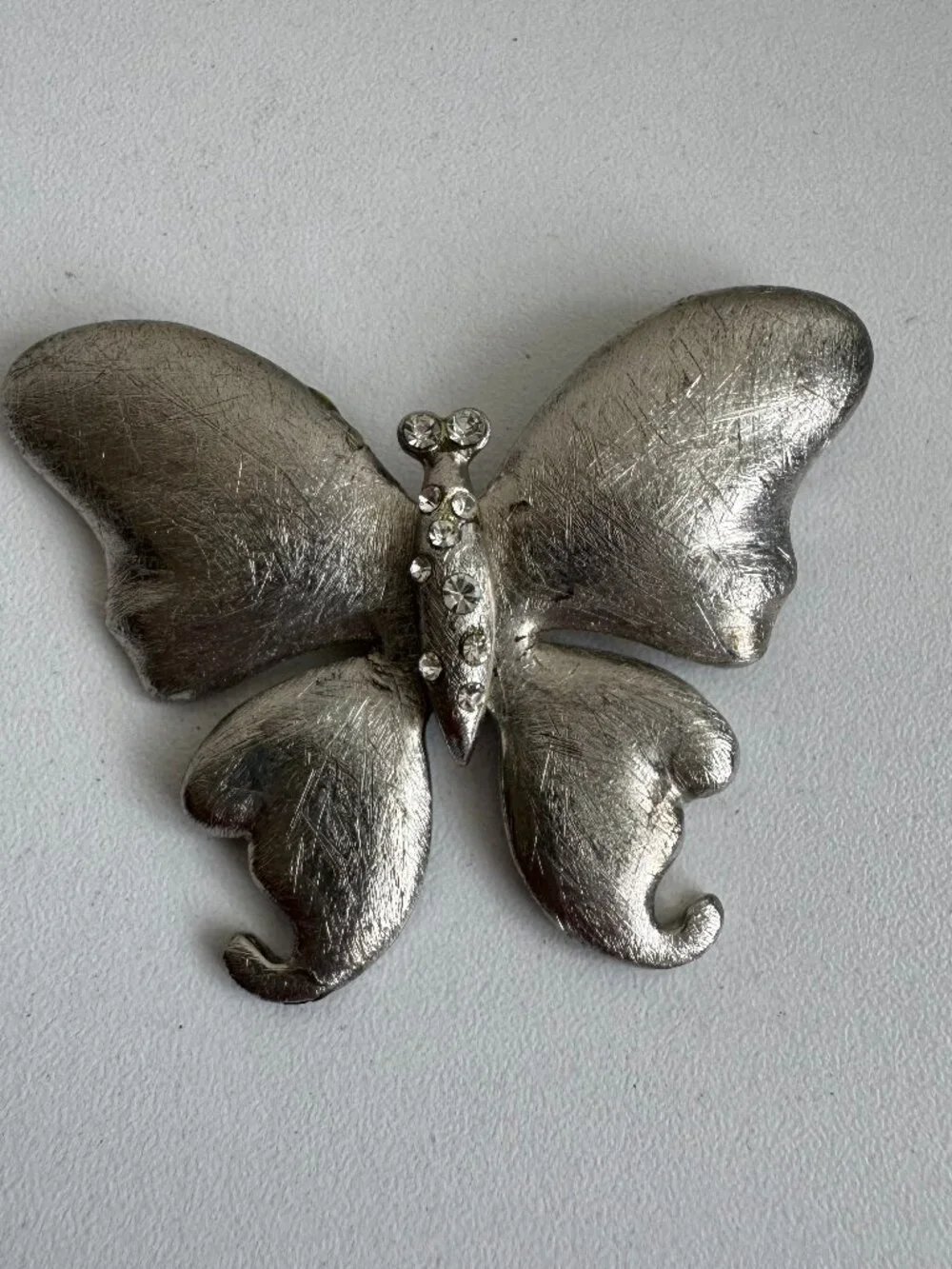 Large Silver Tone Butterfly Pendant Rhinestone Textured Statement Charm